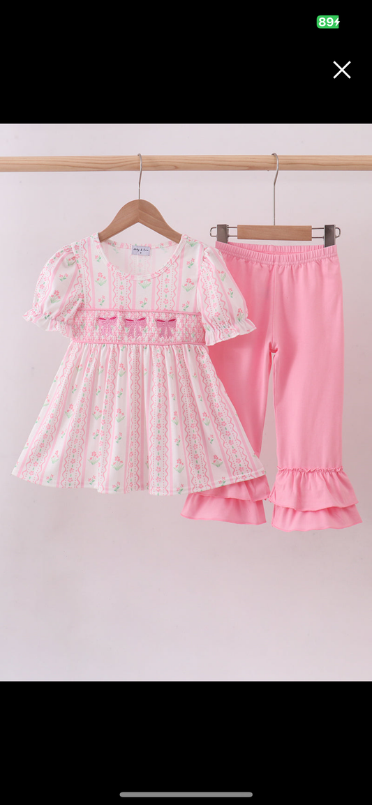 Pink floral bow smocked ruffle pants set