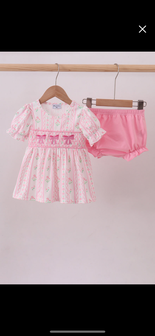 Pink floral bow smocked bloomer set