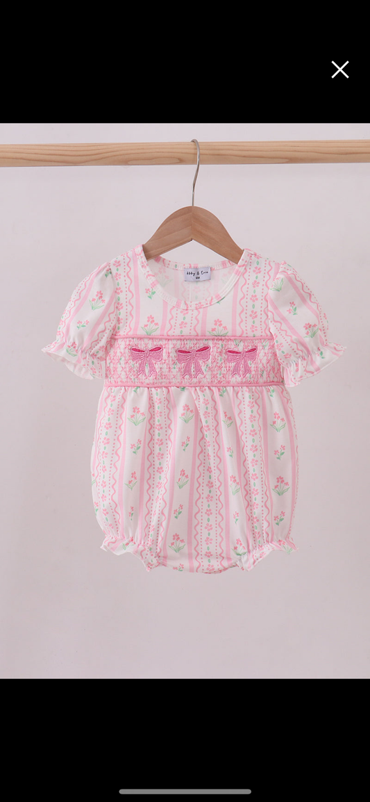 Pink floral bow smocked bubble